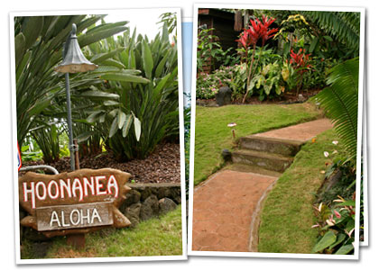A photo showing the Ho'onanea sign, and another showing the main walkway to the house